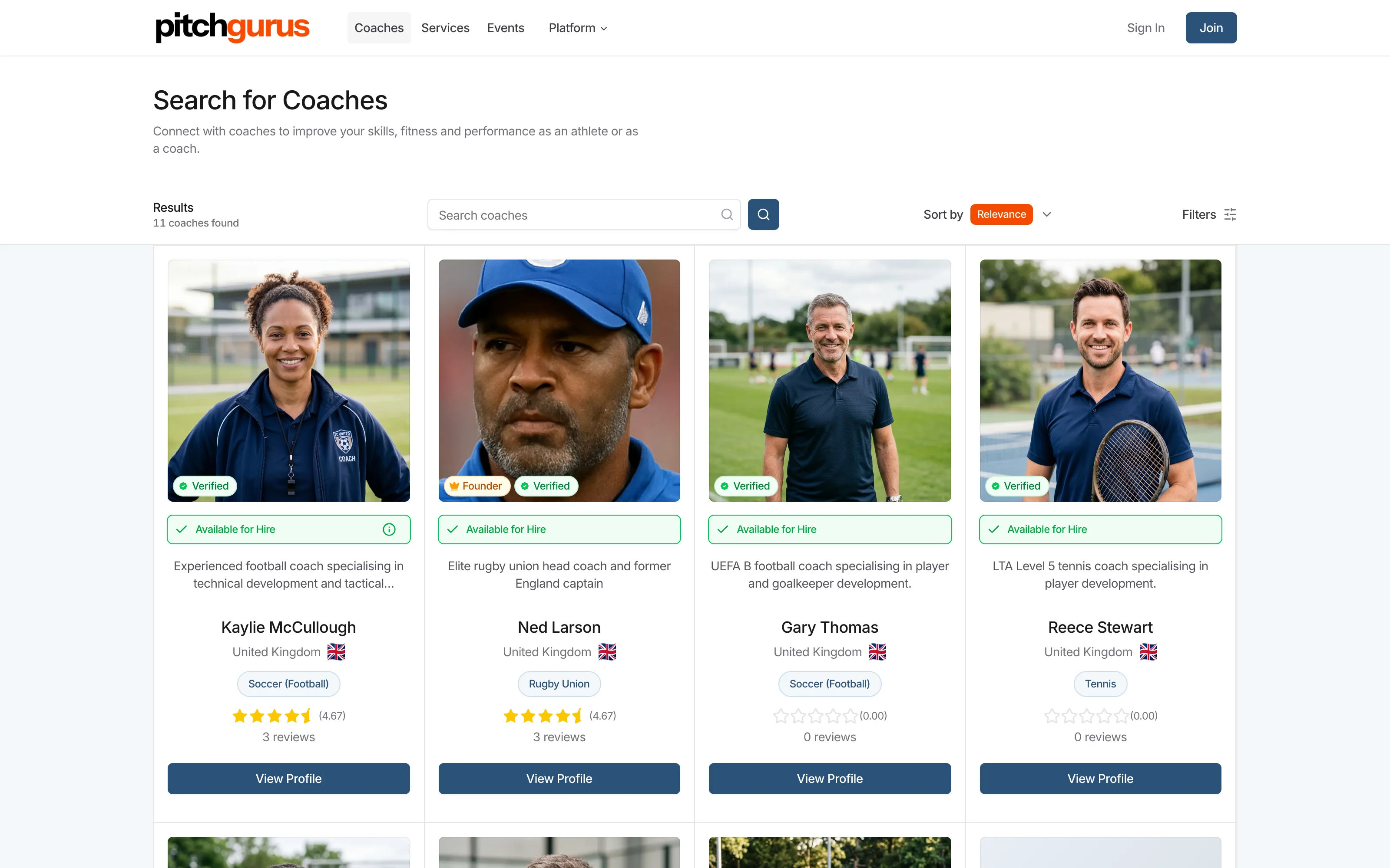 Searching for coaches on Pitch Gurus
