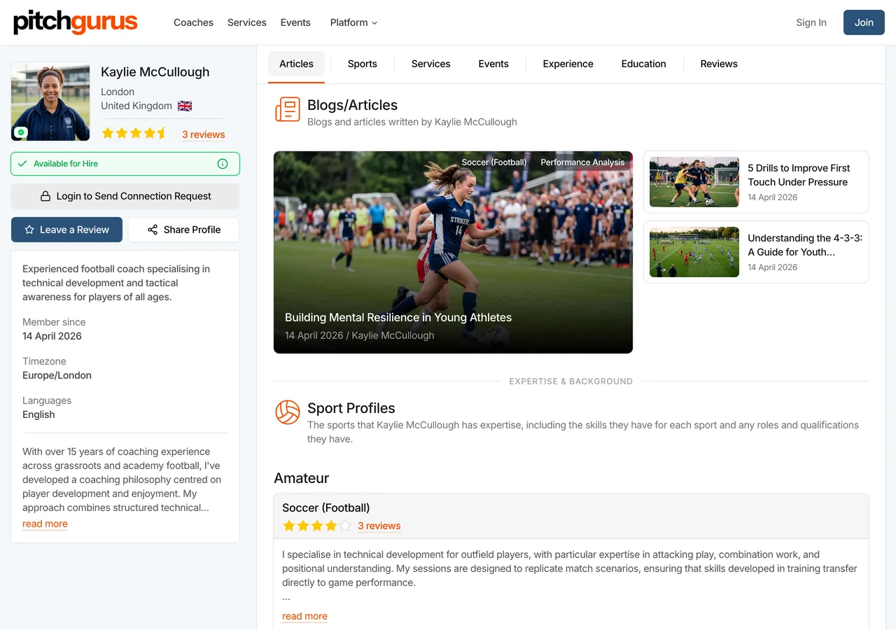 Coach profile on Pitch Gurus showing services, reviews, and sport expertise