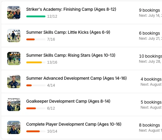 Events page showing camps and clinics with booking options
