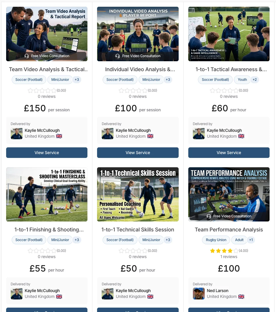 Service listing showing pricing, sports, and booking options